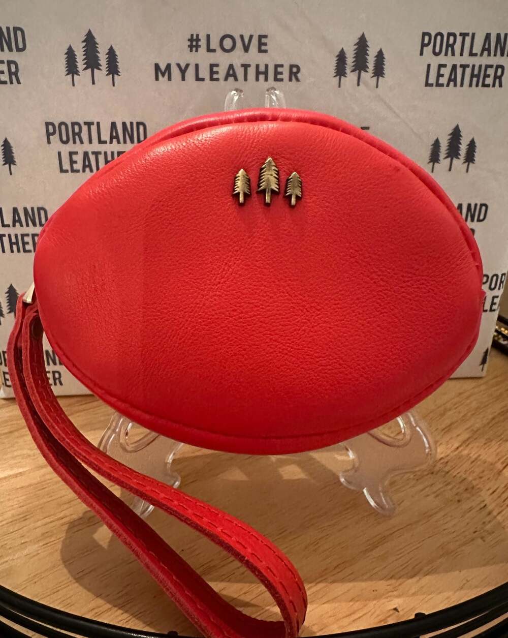 Portland Leather Red Round Wristlet with Gold Tree Studs